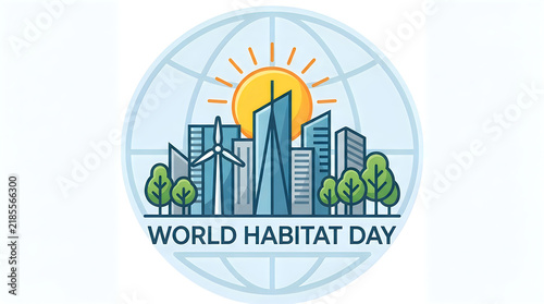 World habitat day city skyline with sun and green trees