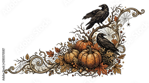 Vintage Halloween corner ornament with pumpkins, ravens, and autumn leaves in a gothic engraving style