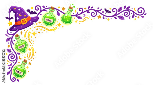 Cute witch Halloween corner ornament with smiling pumpkins magic hat broom and decorative vine border