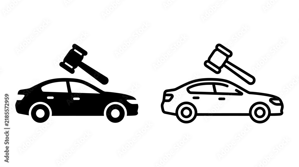 Naklejka premium Auction car icon set with gavel and automobile automotive transport