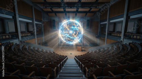 Futuristic Holographic Technology Sphere in Modern Auditorium