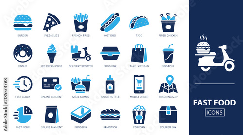 Fast Food Delivery Icon Set for Restaurant Mobile App and Online Ordering UI Design