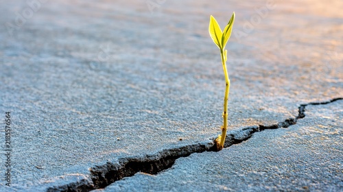 sapling. Sapling growing through a crack in concrete, sunset backlight, resilience. inspiring travel planning, ESG reports, designed for sustainability communications and ESG reporting.