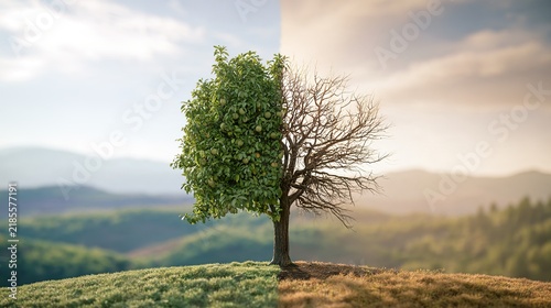 withered. A single tree split between lush fruitfulness and bare withered branches. ESG reports, sustainability campaigns, designed for sustainability communications and ESG reporting.