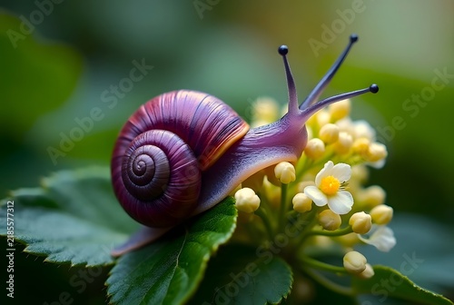 Close Up of a Colorful Garden Snail with Purple Shell on  Leaves and Flowers