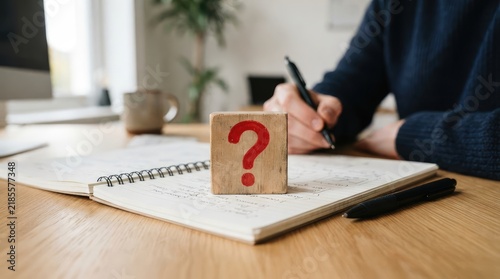 Person writing while questioning block rests on open notebook with pen nearby with wooden block question beside writing hand question mark sits
