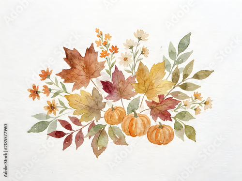 Watercolor autumn leaves and pumpkin arrangement