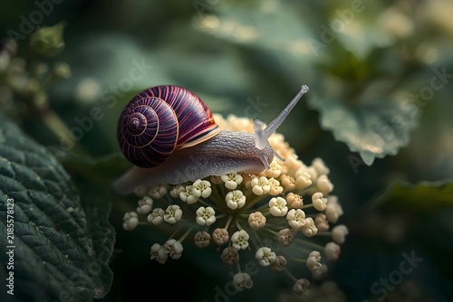 Close Up of a Colorful Garden Snail with Purple Shell on  Leaves and Flowers