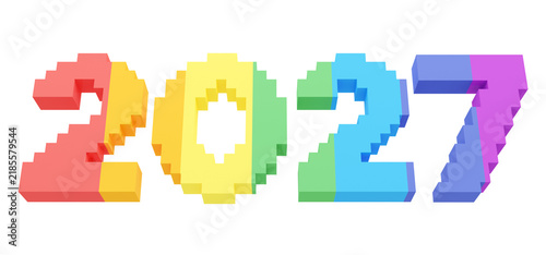 2027年 数字素材 レインボーのポップなカラフルボクセルアート風3D立体数字素材