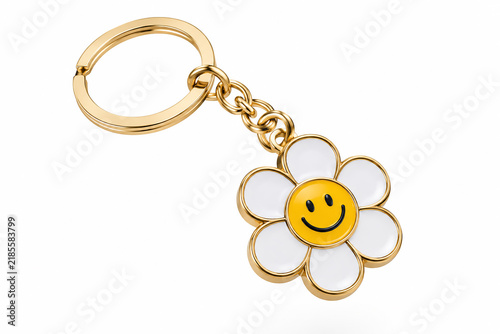 Elegant Gold Daisy Flower Keychain with Happy Yellow Smiley Face Center Isolated on White Background