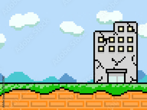 老朽化したビルと青空のドット絵