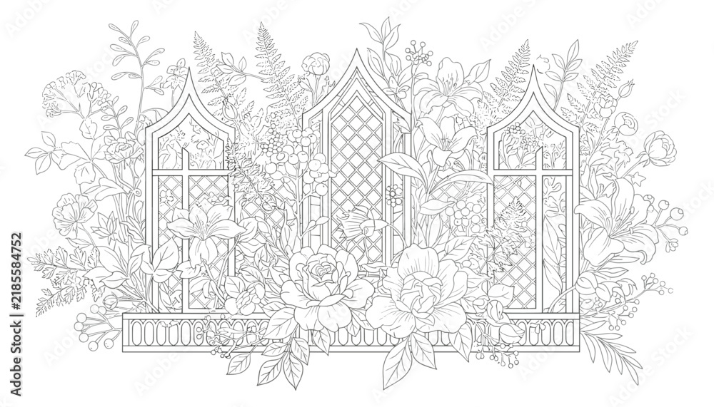 Fototapeta premium Gothic church window frame surrounded by detailed flowers and lush foliage in a black and white line art coloring page design.