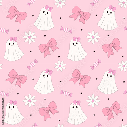 Pastel pink Halloween pattern with friendly ghost, floral daisies, and sweet candies, seamless vector background