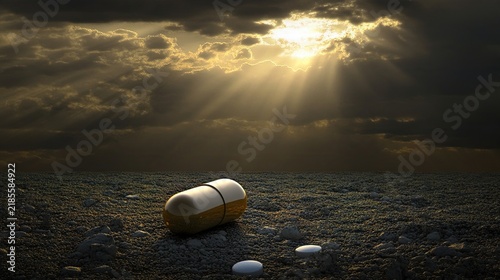 deficiency. A beam of sunlight breaks through clouds onto a neglected vitamin capsule, symbolizing need. ESG reports.