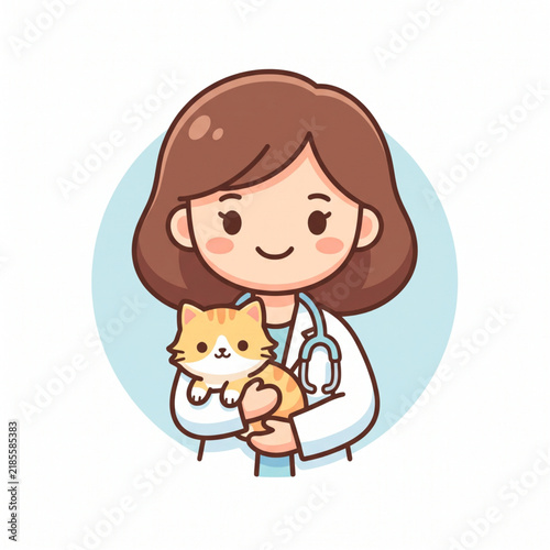 Cute female veterinarian hugging orange tabby cat avatar cartoon vector illustration isolated on white background. 