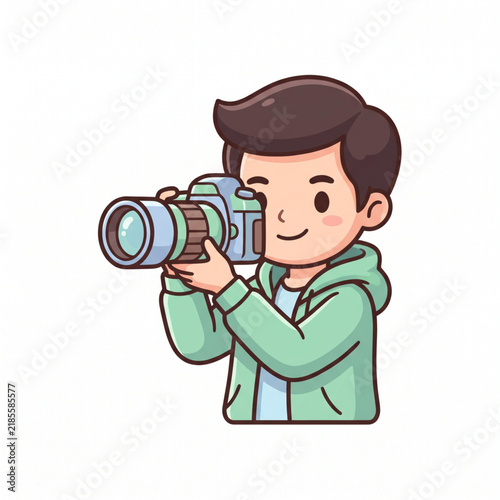 Cute male photographer taking photo holding DSLR camera cartoon vector illustration isolated on white background. 