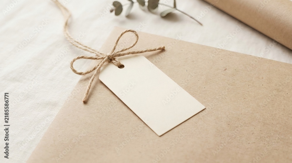 Fototapeta premium Rustic kraft paper gift box with blank tag. Minimalist brown parcel with twine bow. Eco-friendly packaging for sustainable branding.