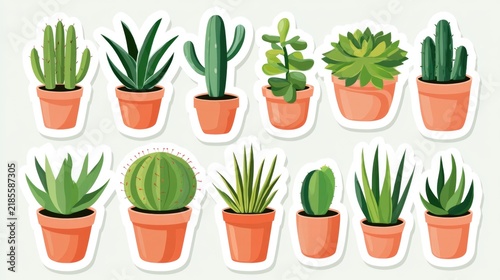 Illustration of twelve different potted succulent and cactus plants in terracotta and white pots on a light background.