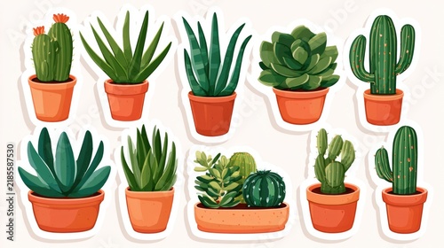Illustration of various potted succulents and cacti in different shapes and sizes on a light background.