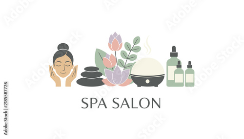 Spa salon banner design featuring a young woman massaging her face, hot stones, lotus flowers, and essential oils.