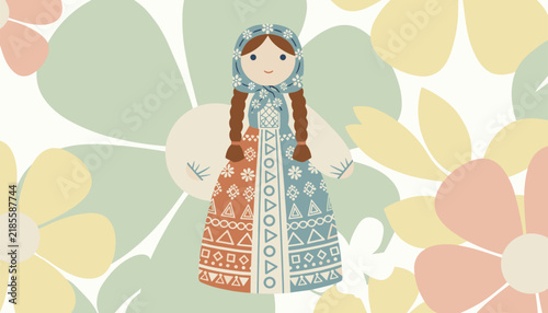 Traditional Russian folk doll illustration wearing a decorated dress and headscarf over a pastel floral background.