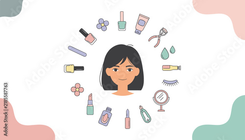 Smiling young woman face surrounded by various cosmetic products and beauty makeup items arranged in a circle layout.