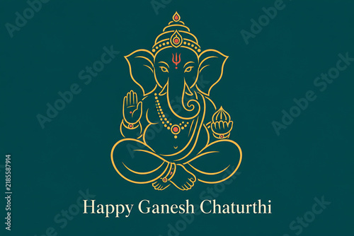 Elegant golden lord ganesha line art on deep teal background celebrating ganesh chaturthi with minimalist devotional design for lord ganesha puja greeting