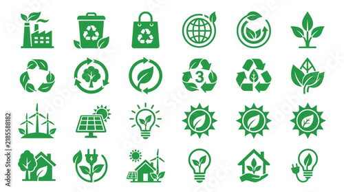 Green sustainability vector icons showing ecology symbols for environmental friendly projects on a white background surface