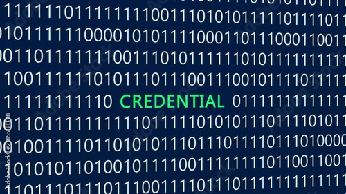 Credential text or word with digital binary animation made in After Effects for digital world technology concept, representing secure access management, digital authentication, and login verification.