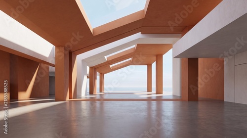 Modern Architectural Space: A strikingly contemporary architectural design featuring geometric shapes, clean lines, and dramatic interplay of light and shadow.