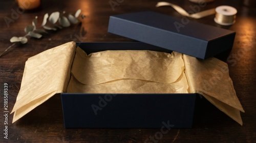 Dark blue square gift box with beige tissue paper. Elegant deep navy packaging with kraft tissue lining on rustic wooden surface. Ready for presents.