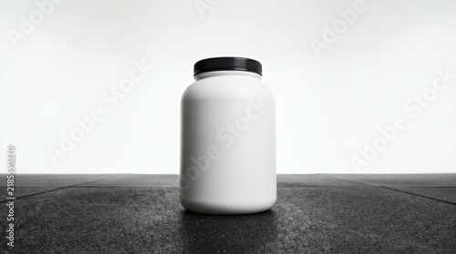 Minimalist white supplement container on dark stone surface; blank plastic tub with black lid; generic medicine jar background; unbranded vitamin bottle mockup set; clean copy product display;