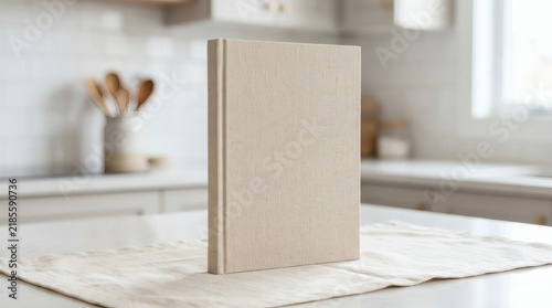 Minimalist beige cookbook standing on kitchen counter, blank book cover mockup, scandinavian home interior, light and airy atmosphere