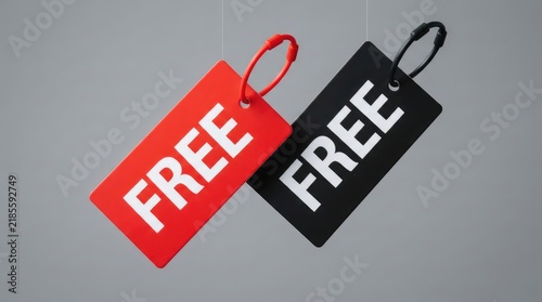 Two hanging tags with Two tags bold free text hang suspended air no charge unrestricted highlighted background economical accessible attractive