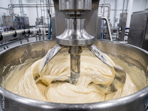 Industrial Mixer Preparing Creamy Food Mixture in Factory