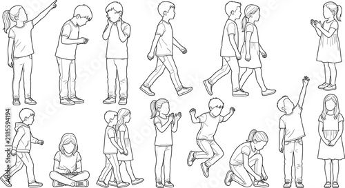 Children Outline Character Collection with Walking Playing Standing and Everyday Kids Poses Vector Illustration Set