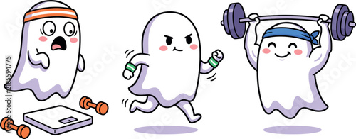 Cute cartoon ghost fitness vector set featuring spooky characters running lifting weights and tracking weight