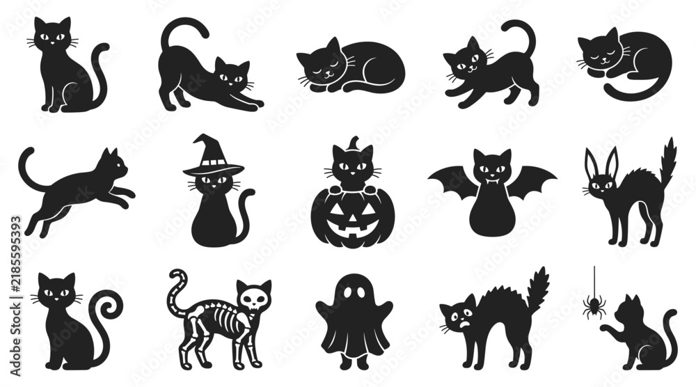 Fototapeta premium Set of cute black cat illustrations for halloween designs featuring various poses and playful expressions on white 