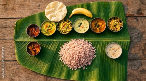 Kerala sadya on banana leaf with pink rice curries papadum banana