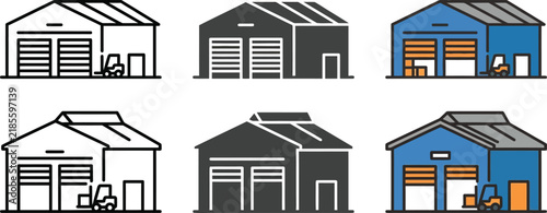 Set of warehouse and storage facility icons with forklift trucks