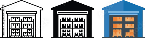 Set of warehouse storage icons showing boxes on metal shelves inside building structures