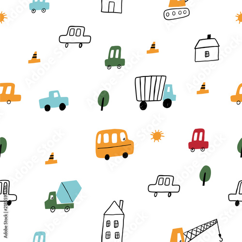 Cute little cars, truck. Cartoon cars adventures. Doodle hand drawn vector seamless pattern