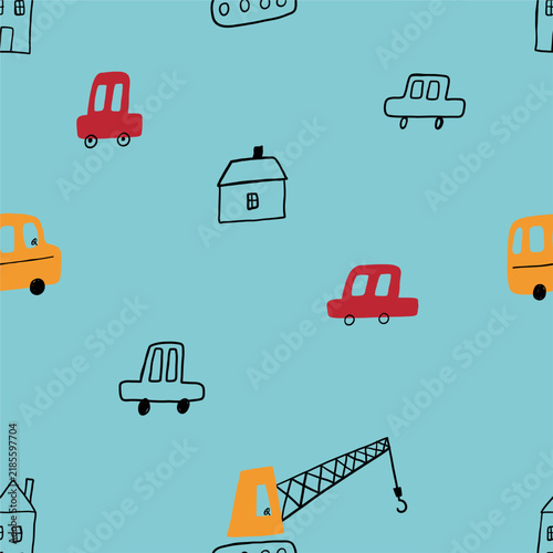 Cute little cars, truck. Cartoon cars adventures. Doodle hand drawn vector seamless pattern