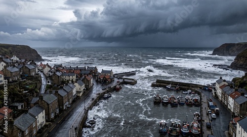 Dramatic Storm Clouds Gather Over a Picturesque Coastal Village Harbor with Fishing Boats