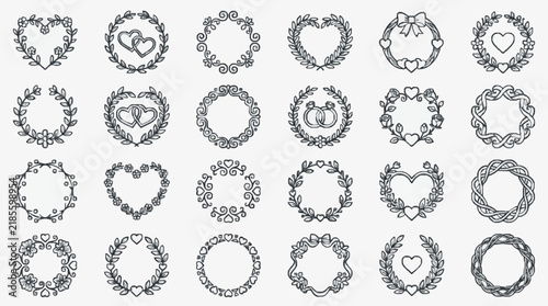 Elegant Wreath and Heart Ornament Line Art Collection for Wedding and Love Design