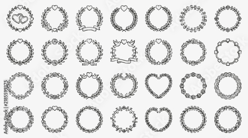 Elegant Wreath and Laurel Designs with Hearts and Floral Accents for Wedding Invitations
