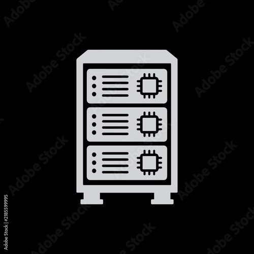 Plakat Data server rack vector icon with integrated microchip CPU symbols isolated on a dark background.