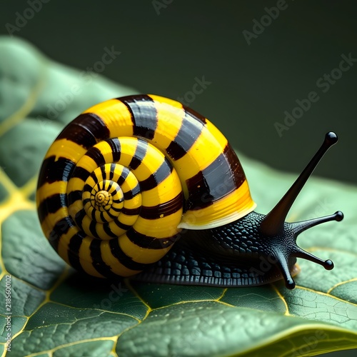 Close up of a vibrant yellow and black striped snail crawling on a green leaf, hyper realistic macro photography concept.