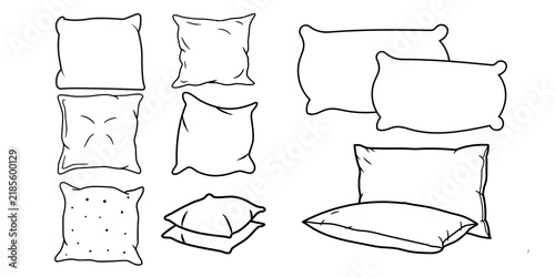 Minimalist pillow sketches, set of 9 hand-drawn cushion outlines, simple black and white bedding icons for home decor design