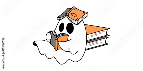 Cute ghost reading books illustration, spooky Halloween bookworm character, white phantom with orange books on white background